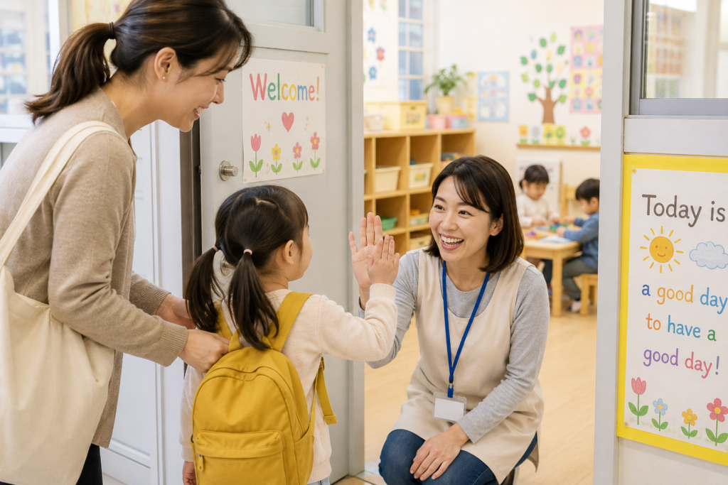 child-drop-off-childcare-english-2026 어린이집 영어 표현을 배우는 아이와 선생님