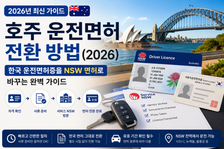 호주 운전면허 전환 방법(2026) | 한국 운전면허증을 NSW 면허로 바꾸는 완벽 가이드 한국 운전면허증을 NSW 운전면허증으로 전환하는 절차를 안내하는 2026년 호주 운전면허 전환 가이드 대표 이미지