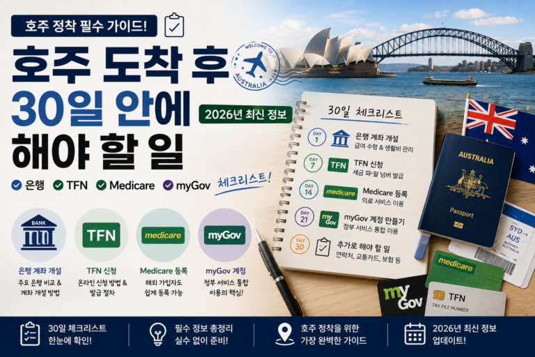 호주 도착 후 30일 안에 해야 할 일 | 은행·TFN·Medicare·myGov 체크리스트 호주 도착 후 30일 체크리스트 - 은행, TFN, Medicare, myGov 준비