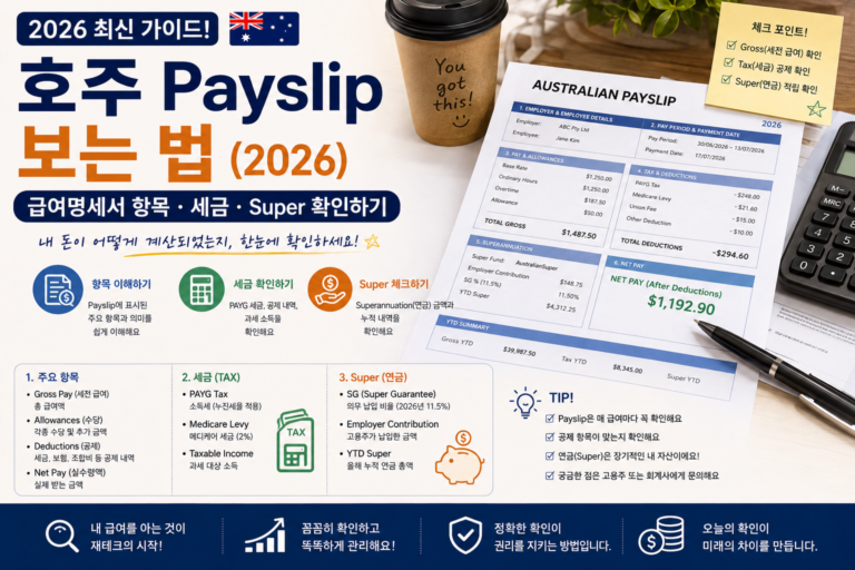 호주 Payslip 보는 법(2026) | 급여명세서 항목·세금·Super 확인하기 호주 Payslip 보는 법 급여명세서 세금 Super 2026