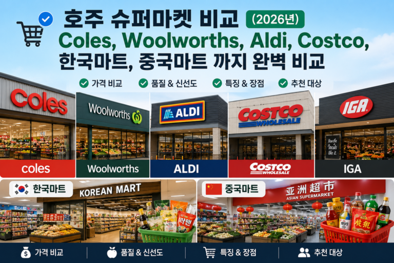 호주 슈퍼마켓 비교(2026년) | Coles, Woolworths, Aldi, Costco, 한국마트,중국마트 까지 완벽 비교 호주 슈퍼마켓 비교 Coles Woolworths Aldi Costco IGA 한국마트 중국마트