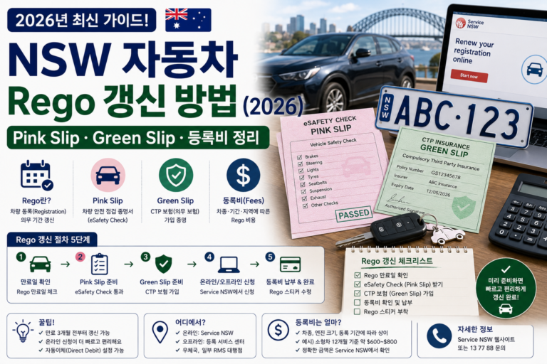 NSW 자동차 Rego 갱신 방법 2026 Pink Slip Green Slip 등록비