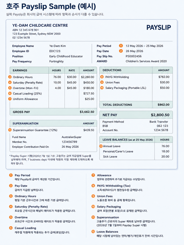 호주 Payslip Sample 2026 호주 Payslip 샘플 급여명세서 항목과 세금 Super 확인